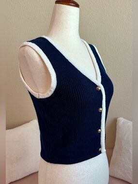 Sincerely Jules Knit Sweater Vest Womens XS Navy Blue White Trim Gold Buttons